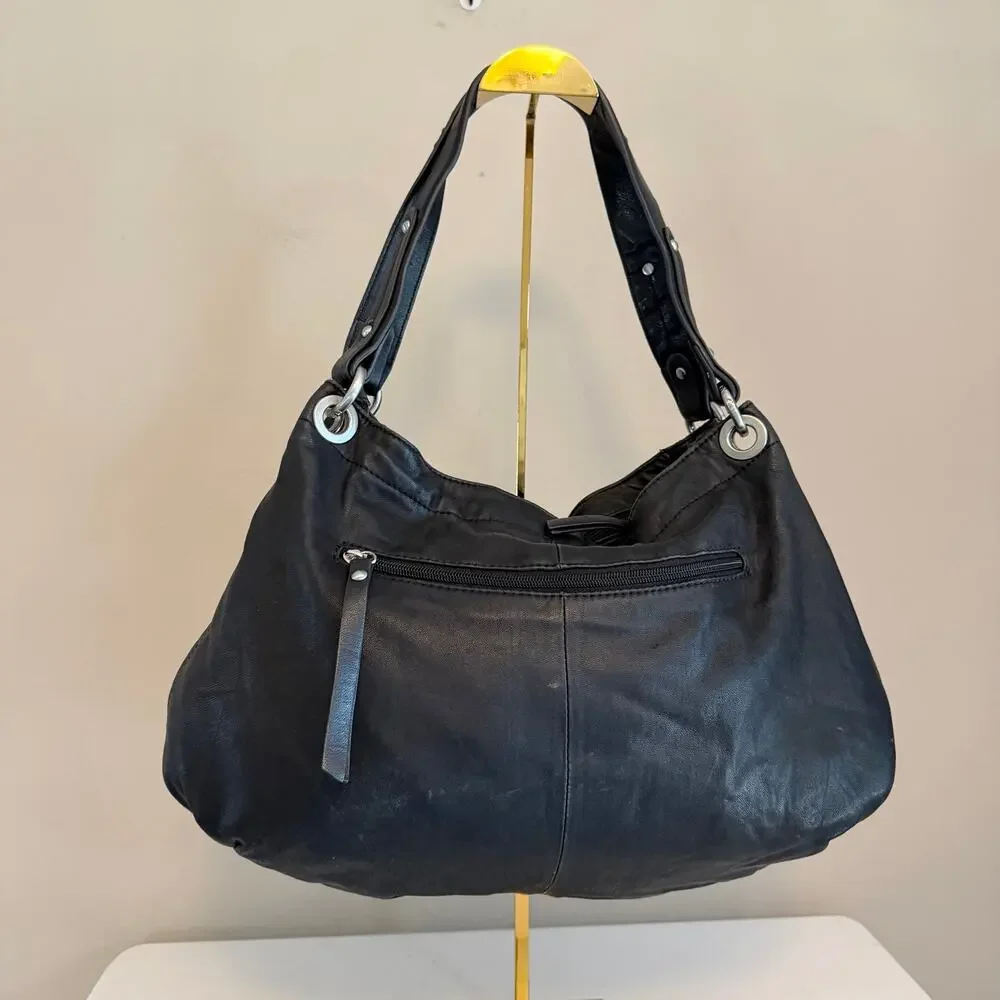 Perlina Hobo Shoulder Bag OS Black Leather Multi Pocket Shoulder Purse Slouchy